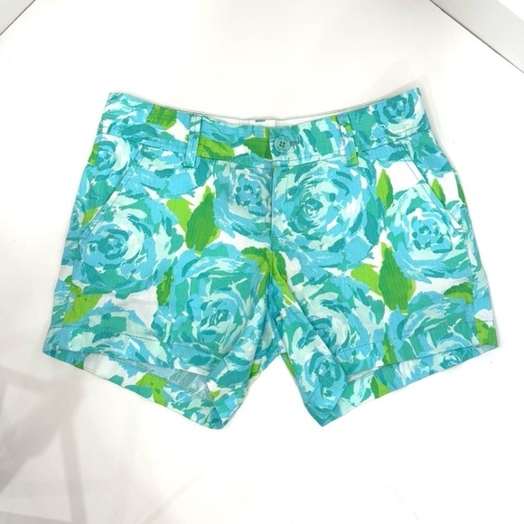 Lilly Pulitzer Blue Green White Floral Callahan Shorts Pockets Size 2 - Picture 1 of 9